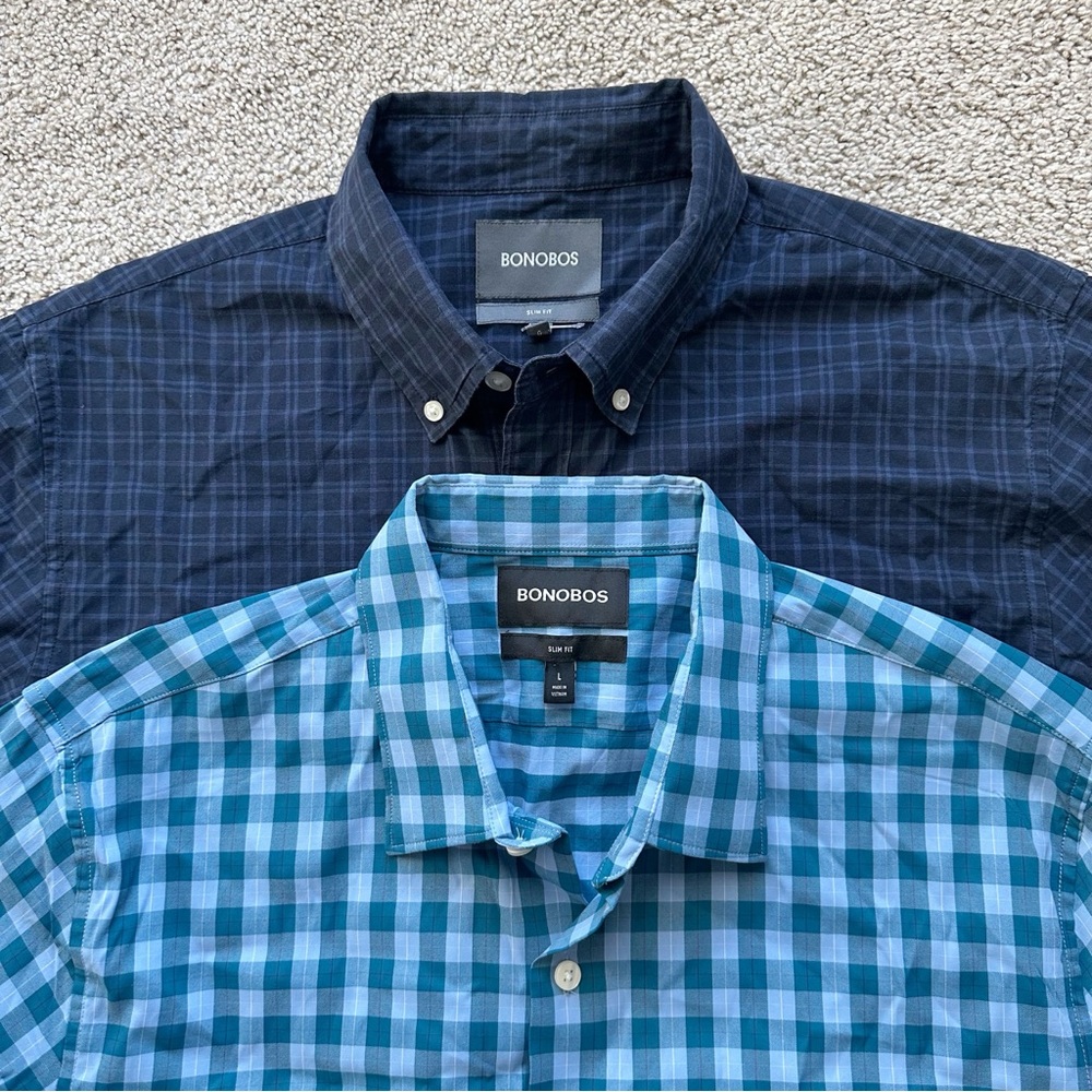 Lot Of 2 Bonobos Men’s Button Up Oxford Shirts Blue Plaid Sz L Slim Fit